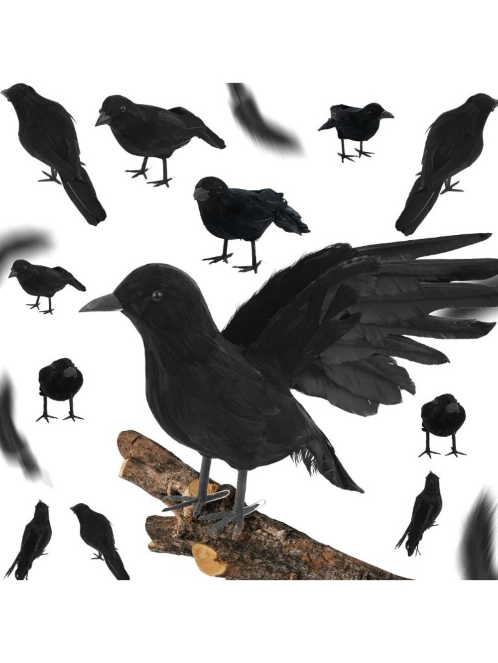 30 Pcs Realistic Black Feathered Crows for Halloween Decor - 3 Sizes Available